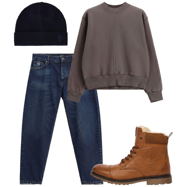 Outfit uomo - Ottobre. Stile Casual per Tutti i giorni. Abbinamento con berretti, felpe, jeans, stivali e stivaletti.