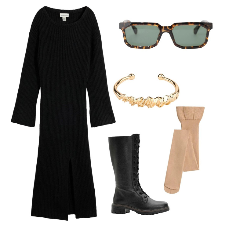 Outfit donna - Ottobre. Stile Minimal per Tutti i giorni. Abbinamento con occhiali da sole, vestiti midi/longuette, collant, stivali, braccialetti.