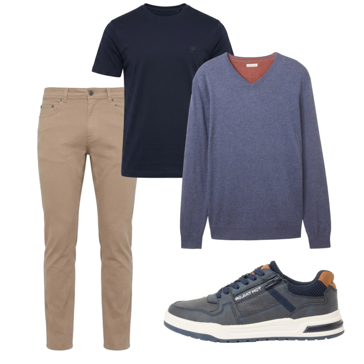 Outfit uomo - Ottobre. Stile Casual per Tutti i giorni. Abbinamento con pantaloni, t-shirt, sneakers, maglieria.