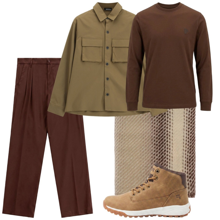 Outfit uomo - Ottobre brown. Stile Casual per Tutti i giorni. Abbinamento con t-shirt, pantaloni, sciarpe, cappotti, sneakers alte.