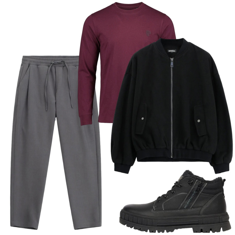 Outfit uomo - Autunno. Stile Casual per Tutti i giorni. Abbinamento con t-shirt, pantaloni, bomber, stivali e stivaletti.