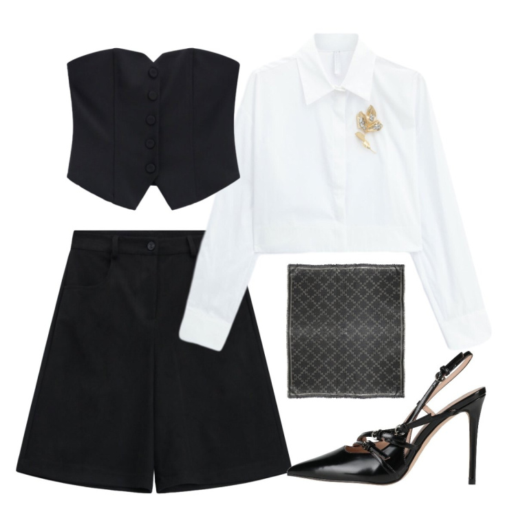 Outfit donna - Black and white. Stile Chic per Serata fuori. Abbinamento con camicie, top, bermuda, sciarpe, décolleté.