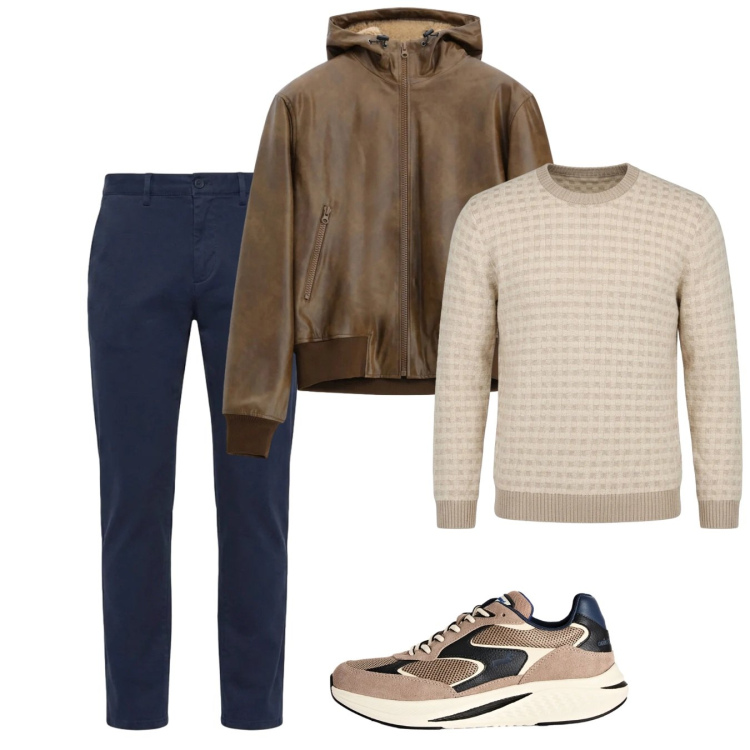 Outfit uomo - Ottobre. Stile Casual per Tutti i giorni. Abbinamento con pantaloni, sneakers, maglieria, bomber.