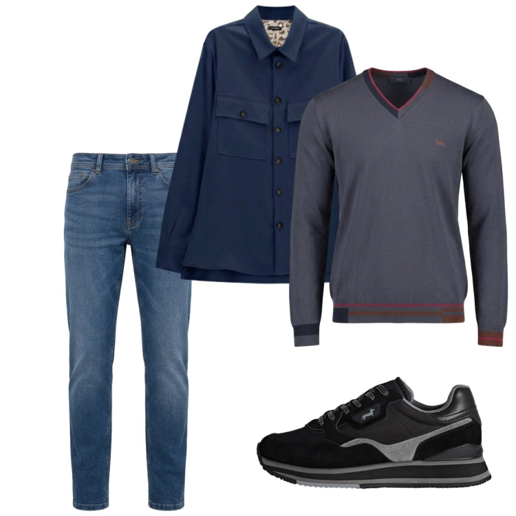 Outfit uomo - Tinte fredde. Stile Casual per Tutti i giorni. Abbinamento con maglieria, jeans, sneakers, camicie.