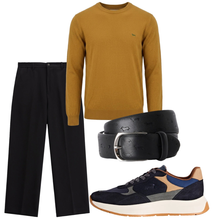 Outfit uomo - Senape. Stile Casual per Tutti i giorni. Abbinamento con cinture, sneakers, maglieria, pantaloni.