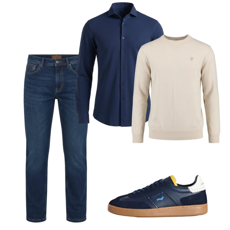 Outfit uomo - Ottobre. Stile Casual per Tutti i giorni. Abbinamento con camicie, sneakers, maglieria, jeans.