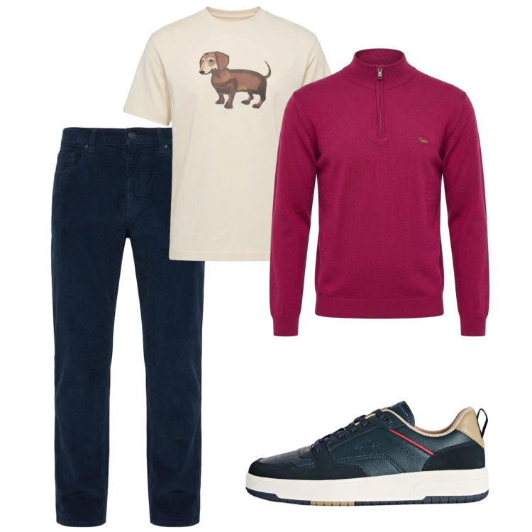 Outfit uomo - Ottobre magenta. Stile Casual per Tutti i giorni. Abbinamento con maglieria, t-shirt, pantaloni, sneakers.
