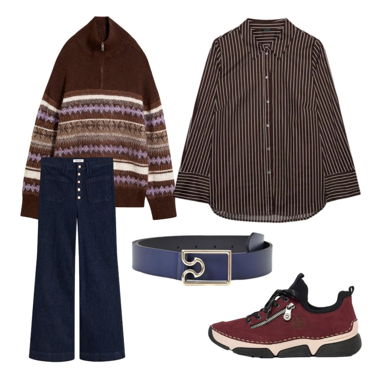 Outfit donna - Jeans vintage. Stile Trendy per Scuola/Università. Abbinamento con camicie, cinture, sneakers, pullovers, jeans a zampa.