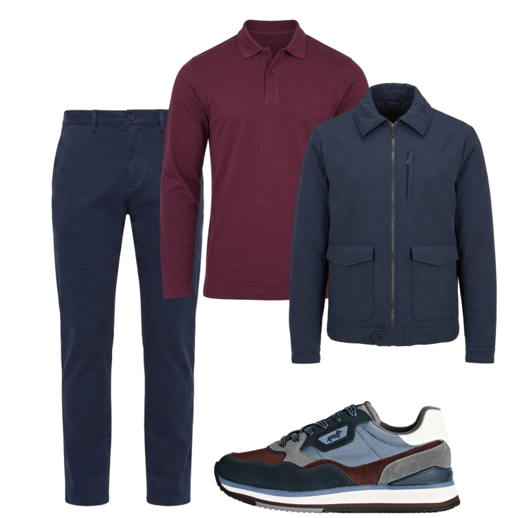 Outfit uomo - Coordinato blu e wine. Stile Casual per Tutti i giorni. Abbinamento con pantaloni, giacche, sneakers, polo.