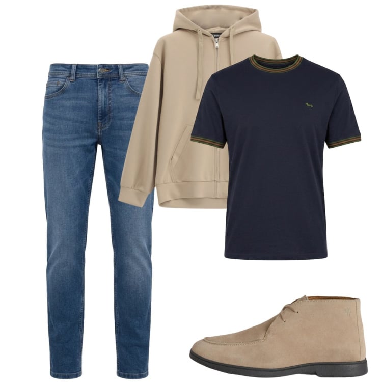 Outfit uomo - Ottobre. Stile Casual per Tutti i giorni. Abbinamento con stivali e stivaletti, t-shirt, jeans, felpe con cappuccio.