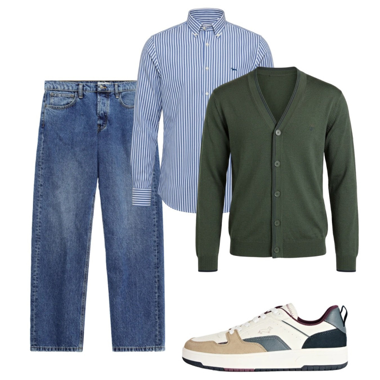 Outfit uomo - Camicia e cardigan. Stile Casual per Tutti i giorni. Abbinamento con camicie, cardigans, sneakers, jeans.