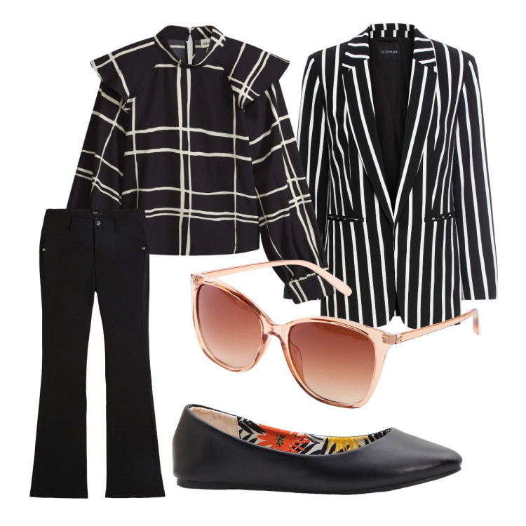 Outfit donna - Total black è un po’ di pink. Stile Casual per Tutti i giorni. Abbinamento con ballerine, pantaloni, occhiali da sole, blazer, bluse.
