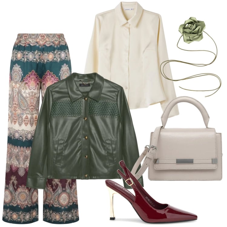 Outfit donna - Colore. Stile Casual chic per Tutti i giorni. Abbinamento con blazer, pantaloni a palazzo, collane, borse a tracolla, camicie, décolleté.
