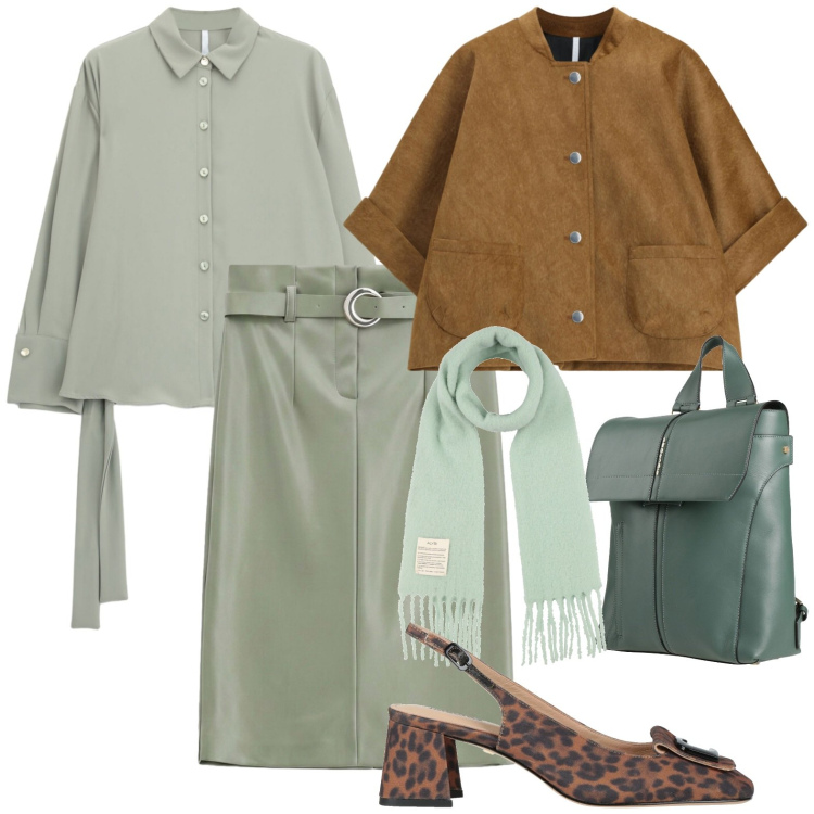 Outfit donna - Verde salvia. Stile Casual chic per Tutti i giorni. Abbinamento con camicie, gonne longuette, blazer, sciarpe, zaini, décolleté.