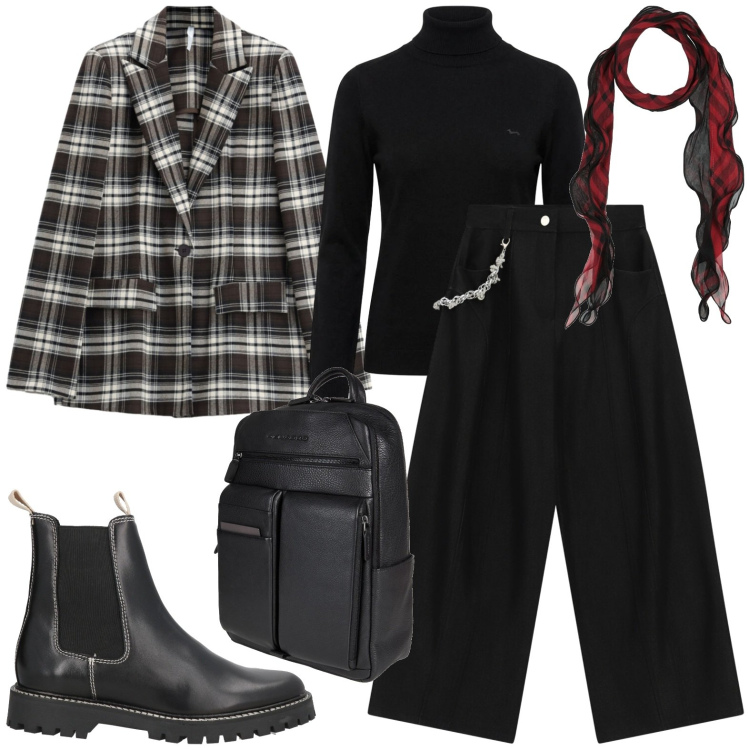 Outfit donna - Autunno. Stile Casual chic per Tutti i giorni. Abbinamento con pullovers, blazer, pantaloni a palazzo, zaini, sciarpe, stivaletti chelsea.