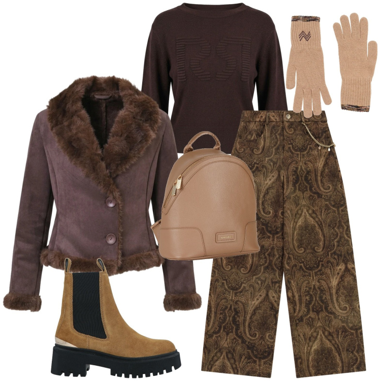 Outfit donna - Toni autunnali. Stile Casual per Tutti i giorni. Abbinamento con pantaloni a palazzo, maglieria, blazer, zaini, guanti, stivaletti chelsea.