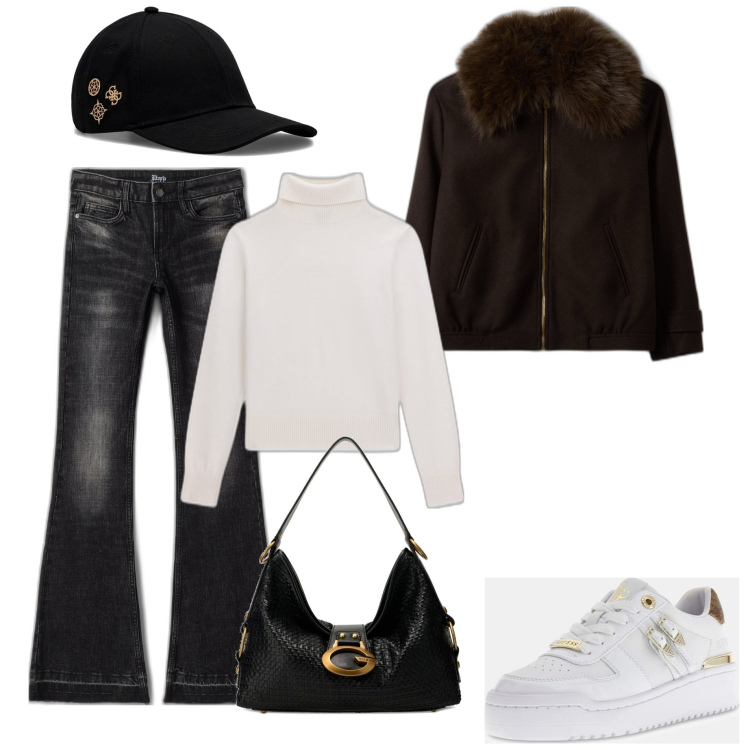 Outfit mujer - Casual chic #15148. Estilo Casual chic para Todos los días. Combinación con sneakers, sombreros o gorros con visera, vaqueros, bandoleras, prendas de punto, blazers.