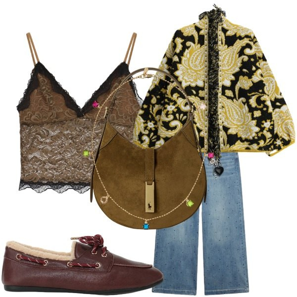Outfit donna - serata fuori. Abbinamento con jeans, borse a spalla, collane, top, scarpe stringate, cardigans.