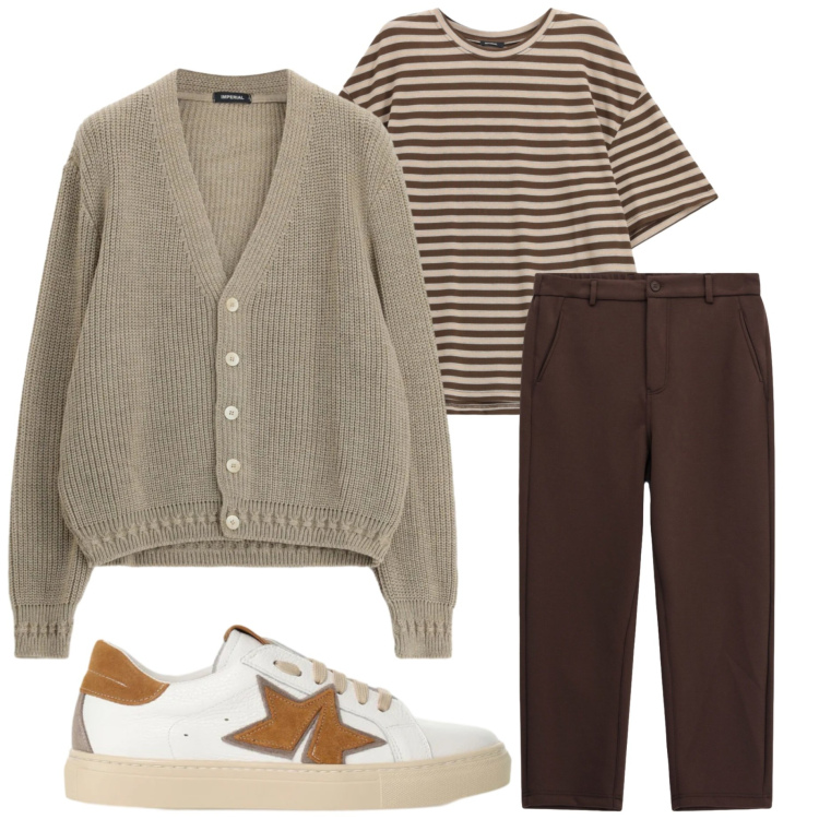 Outfit uomo - Imperial style. Stile Casual per Tutti i giorni. Abbinamento con cardigans, sneakers, t-shirt, pantaloni.