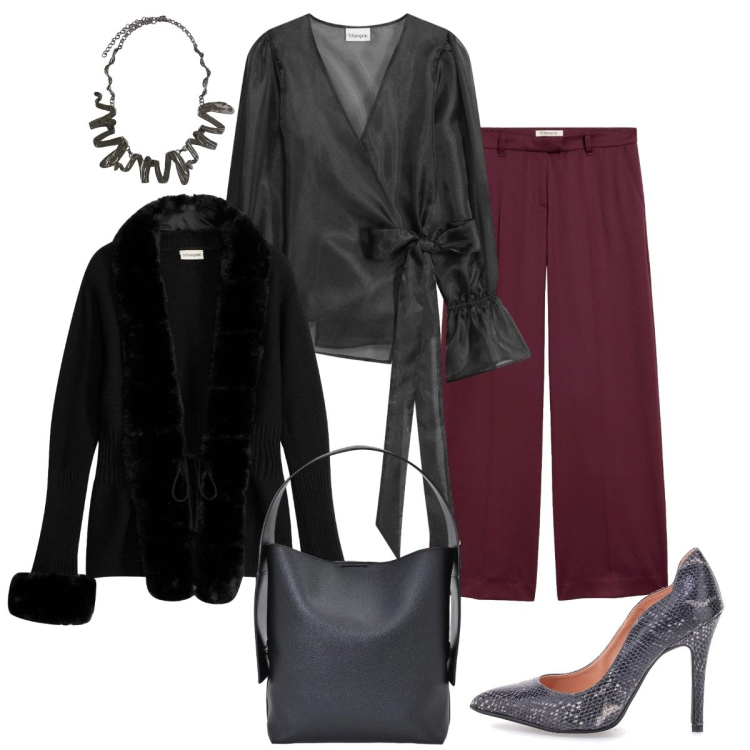 Outfit donna - Aperitivo Glam donna curvy. Stile Chic per Serata fuori. Abbinamento con ciondoli, borse a spalla, cardigans, bluse, pantaloni, décolleté.