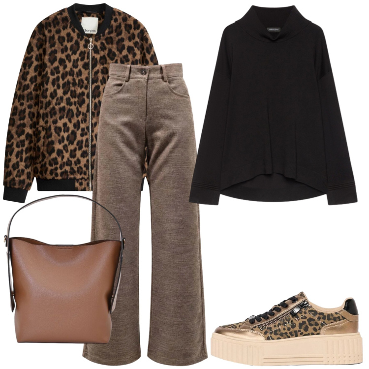 Outfit donna - Total look #2499344. Stile Casual chic per Tutti i giorni. Abbinamento con pantaloni, pullovers, borse a mano, sneakers, bomber.