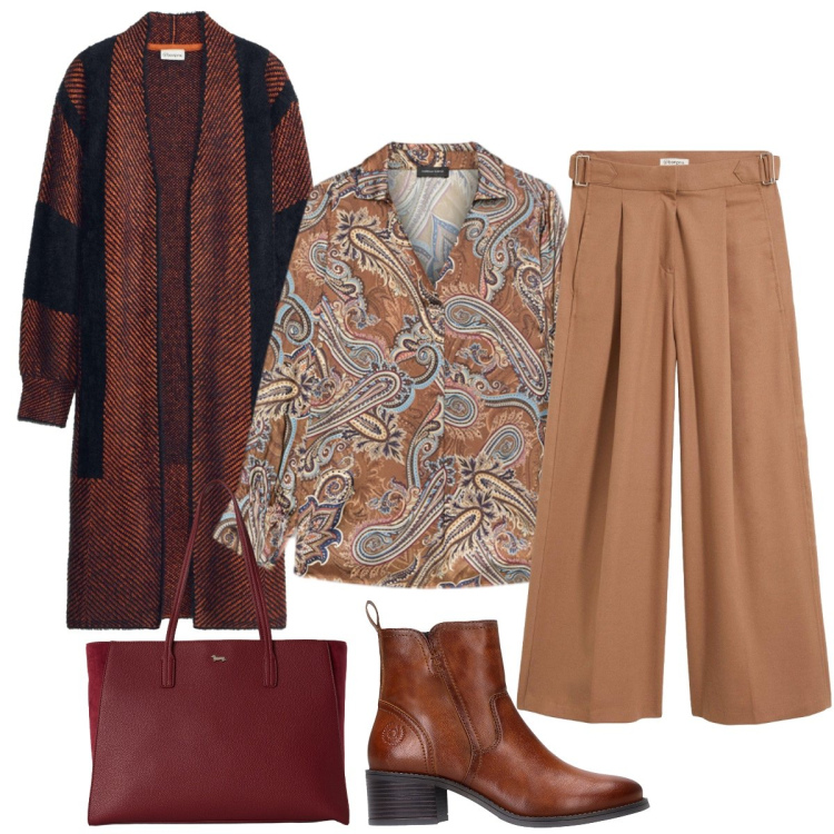 Outfit donna - Stile boho chic. Stile Boho per Tutti i giorni. Abbinamento con shopping bag, bluse, stivaletti, cardigans, pantaloni.