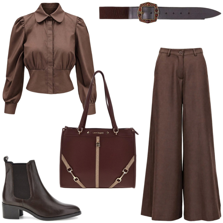 Outfit donna - Come mi vesto in autunno. Stile Casual chic per Tutti i giorni. Abbinamento con cinture, camicie, pantaloni a palazzo, borse a spalla, stivaletti chelsea.