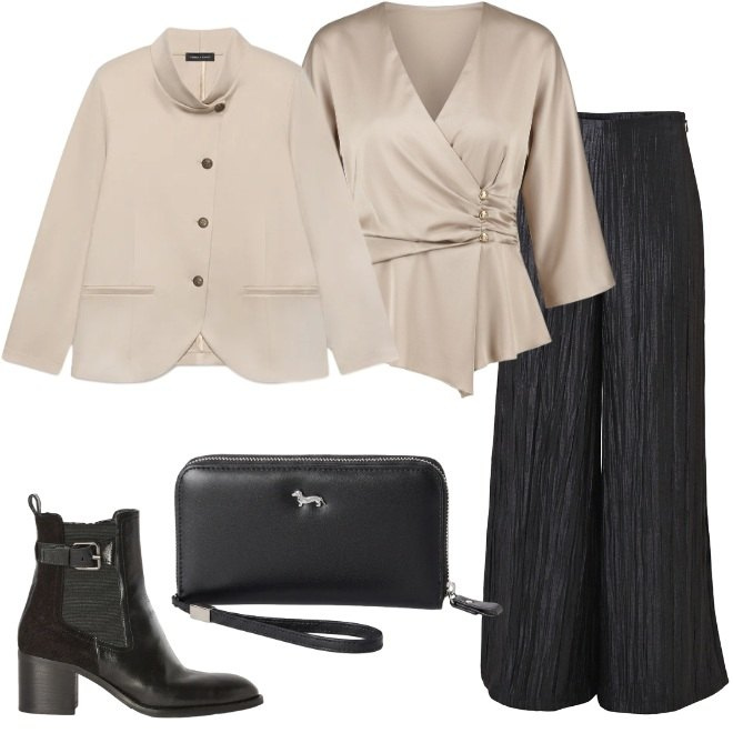 Outfit donna - Blusa incrociata. Stile Urban per Tutti i giorni. Abbinamento con portafogli, stivaletti, blazer, bluse, pantaloni a palazzo.
