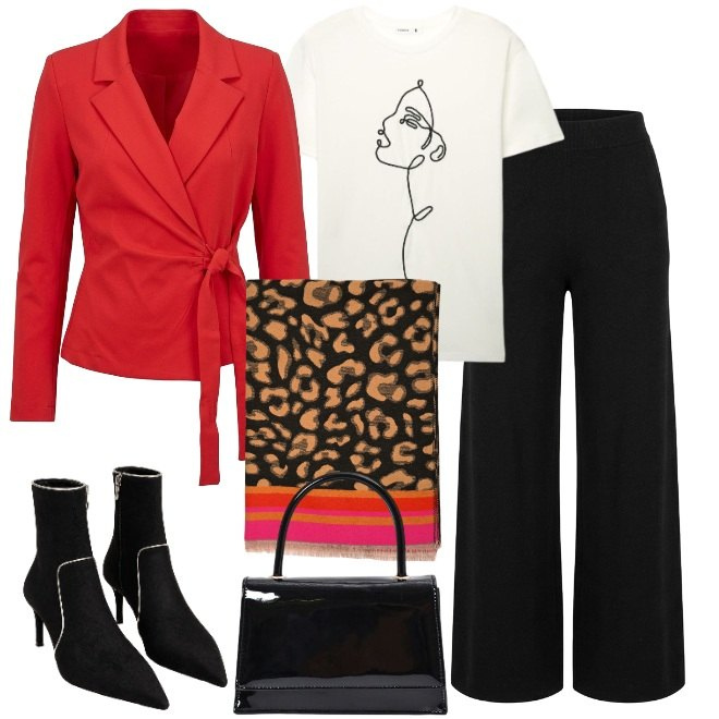 Outfit donna - Blazer rosso lacca. Stile Trendy per Tutti i giorni. Abbinamento con borse a mano, pantaloni a palazzo, blazer, stivaletti, sciarpe, t-shirt.