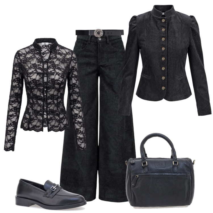 Outfit donna - Autunno black I Am. Stile Glamour per Tutti i giorni. Abbinamento con top, blazer, pantaloni a palazzo, cinture, mocassini, borse a tracolla.