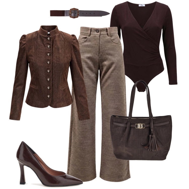 Outfit donna - I Am tonalità marrone in ufficio. Stile Glamour per Ufficio. Abbinamento con pantaloni, blazer, body, cinture, décolleté, shopping bag.