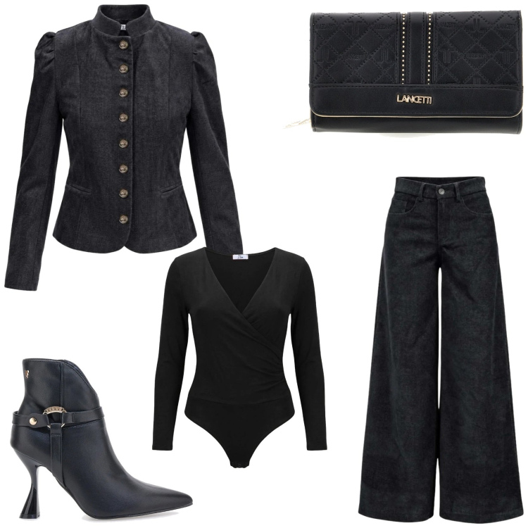 Outfit donna - Total black. Stile Trendy per Tutti i giorni. Abbinamento con pantaloni a palazzo, blazer, body, stivaletti, portafogli.