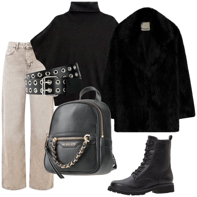 Outfit donna - Il dolcevita nero. Stile Minimal per Tutti i giorni. Abbinamento con pullovers, jeans dritti, zaini, cinture, stivaletti, blazer.