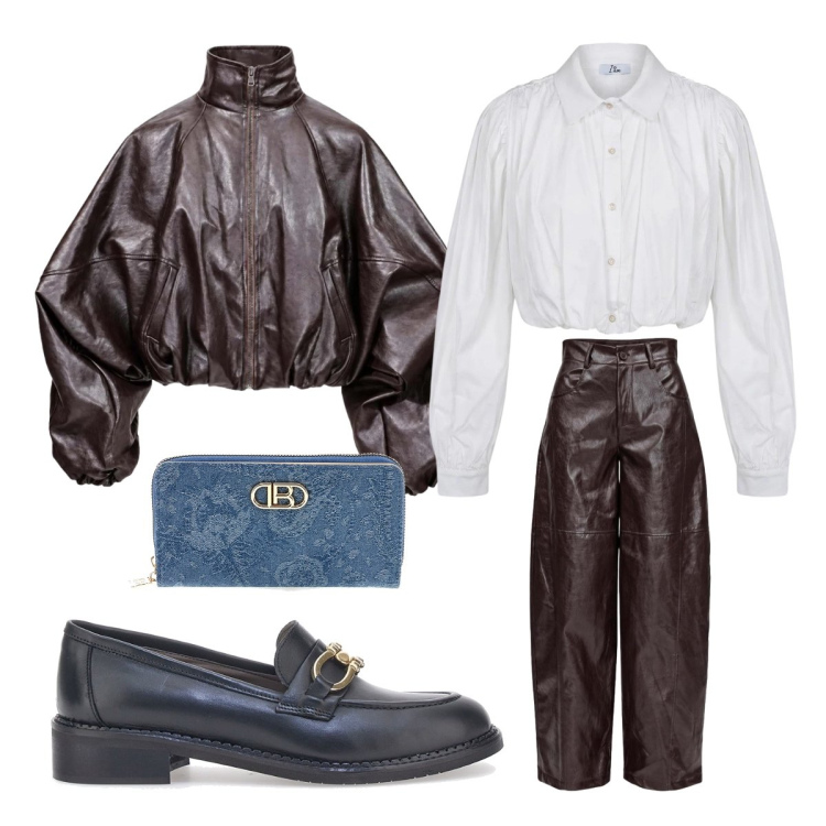 Outfit donna - Il mio autunno. Stile Basic per Serata fuori. Abbinamento con pantaloni a palazzo, bomber, camicie, mocassini, portafogli.
