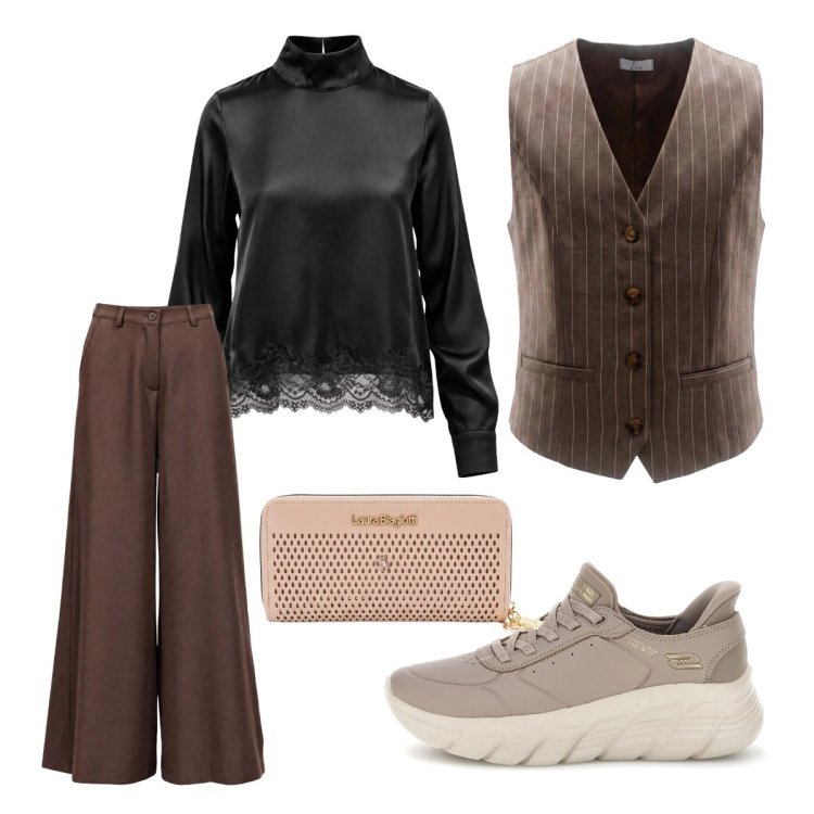 Outfit donna - Autunno versatile. Stile Mannish per Ufficio. Abbinamento con pantaloni a palazzo, bluse, gilet, sneakers, portafogli.
