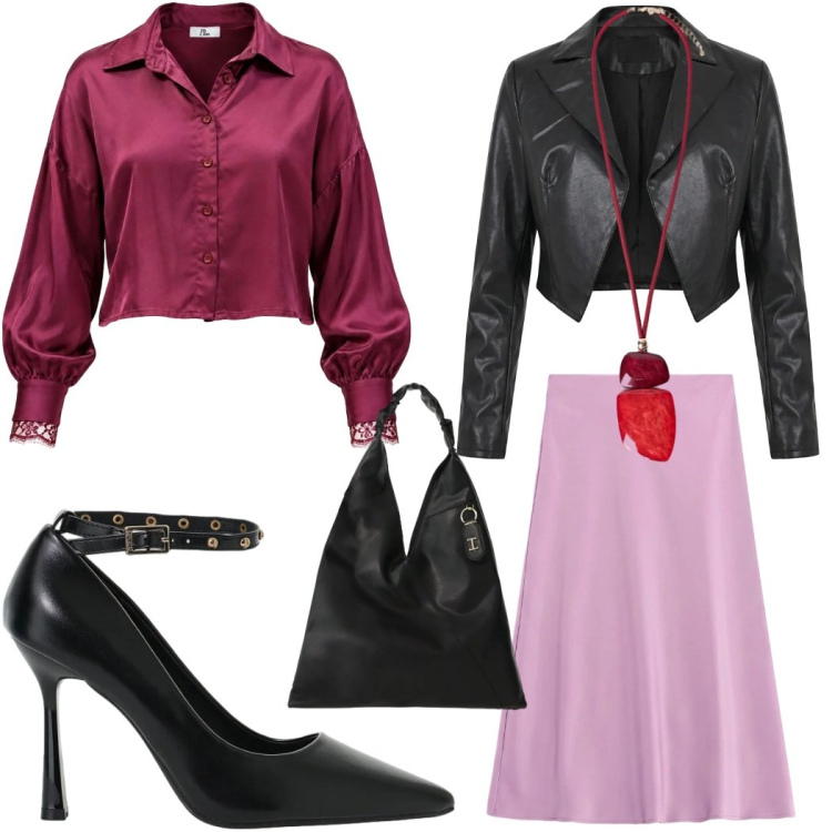 Outfit donna - Total ook. Stile Casual per Tutti i giorni. Abbinamento con camicie, gonne longuette, décolleté, borse a spalla, ciondoli, blazer.