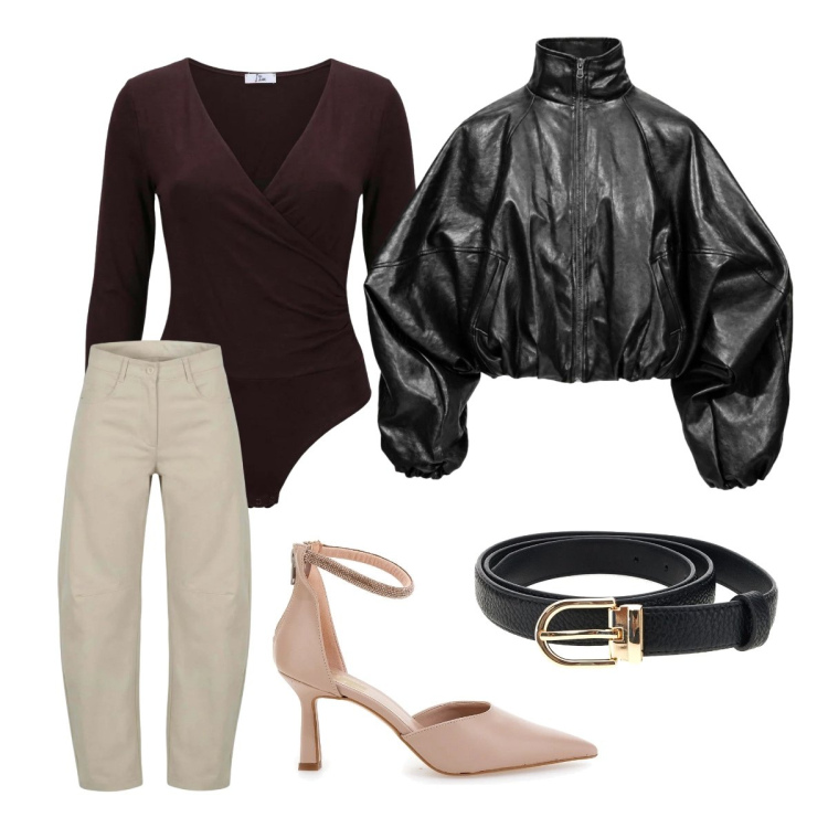 Outfit donna - Autunno creativo. Stile Basic per Serata fuori. Abbinamento con bomber, body, pantaloni, décolleté, cinture.
