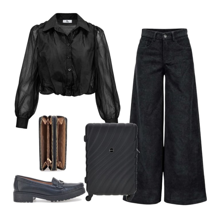 Outfit donna - Autunno mix. Stile Minimal per Tutti i giorni. Abbinamento con pantaloni a palazzo, camicie, portafogli, mocassini, valigie.