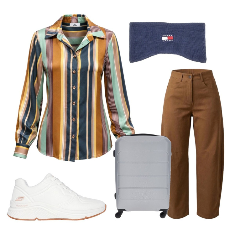 Outfit donna - Autunno unico. Stile Casual per Tutti i giorni. Abbinamento con pantaloni, camicie, fasce per capelli, sneakers, valigie.
