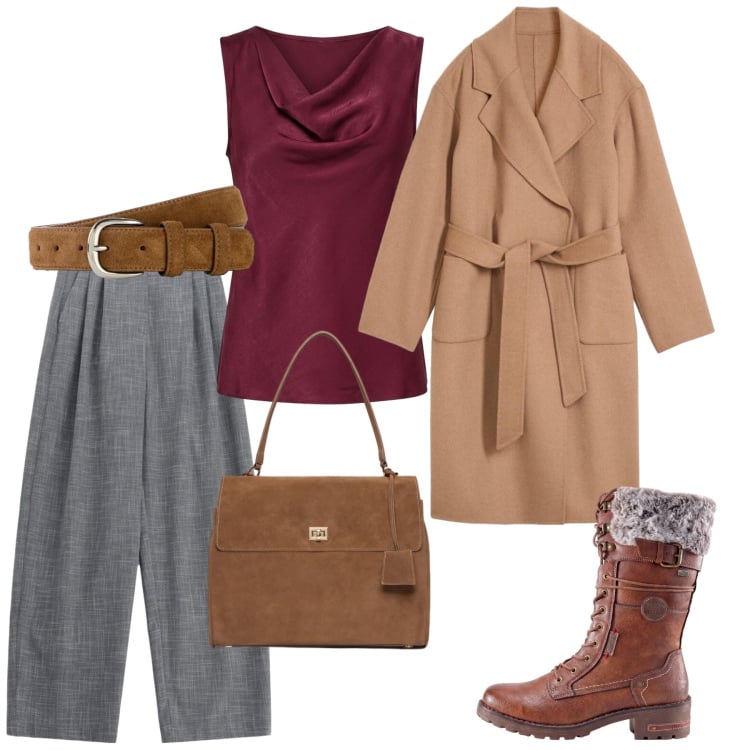 Outfit donna - Total look #2499390. Stile Bon Ton per Serata fuori. Abbinamento con pantaloni a palazzo, borse a mano, canottiere, cinture, cappotti, stivali.