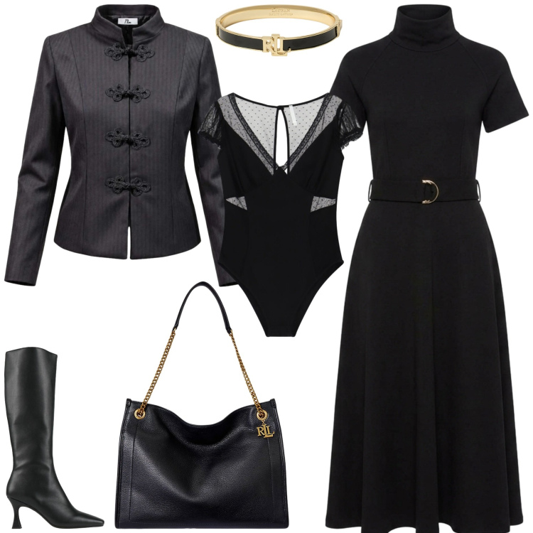 Outfit donna - Lo Scorpione Black. Stile Chic per Tutti i giorni. Abbinamento con blazer, vestiti midi/longuette, body, borse tote, braccialetti, stivali.