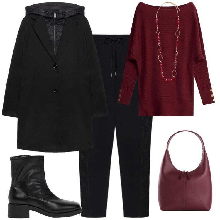 Outfit donna - Casual chic ufficio scuola tempo libero. Stile Casual chic per Ufficio. Abbinamento con cappotti, pantaloni, collane, stivaletti, borse a mano, maglieria.