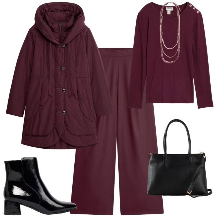 Outfit donna - Casual chic ufficio scuola tempo libero. Stile Casual chic per Ufficio. Abbinamento con collane, maglieria, borse a mano, pantaloni a palazzo, stivaletti, cappotti.