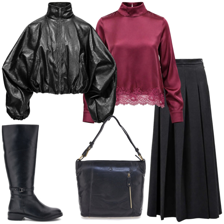 Outfit donna - Total look #2499411. Stile Minimal per Tutti i giorni. Abbinamento con gonne lunghe, bomber, bluse, borse a spalla, stivali.