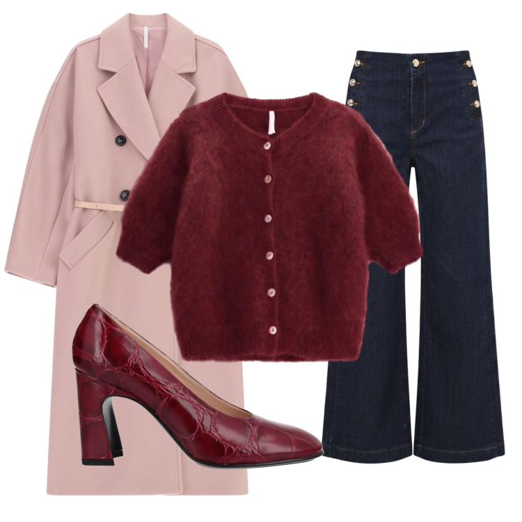 Outfit donna - Bordeaux e rosa cipria. Stile Glamour per Ufficio. Abbinamento con cardigans, cappotti, jeans, décolleté.