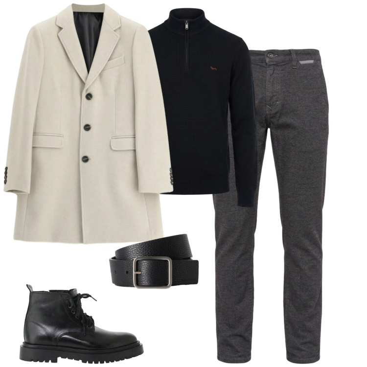 Outfit uomo - City. Stile Urban per Tutti i giorni. Abbinamento con cinture, pantaloni, pullovers, cappotti, anfibi.