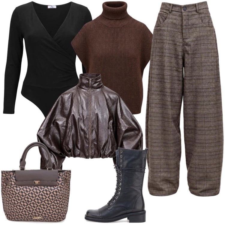 Outfit donna - Il fascino dei toni autunnali. Stile Urban per Tutti i giorni. Abbinamento con pantaloni, bomber, body, maglieria, anfibi, borse a mano.
