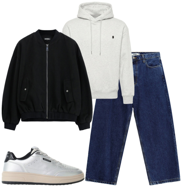 Outfit uomo - City. Stile Casual per Tutti i giorni. Abbinamento con jeans, felpe con cappuccio, sneakers, bomber.