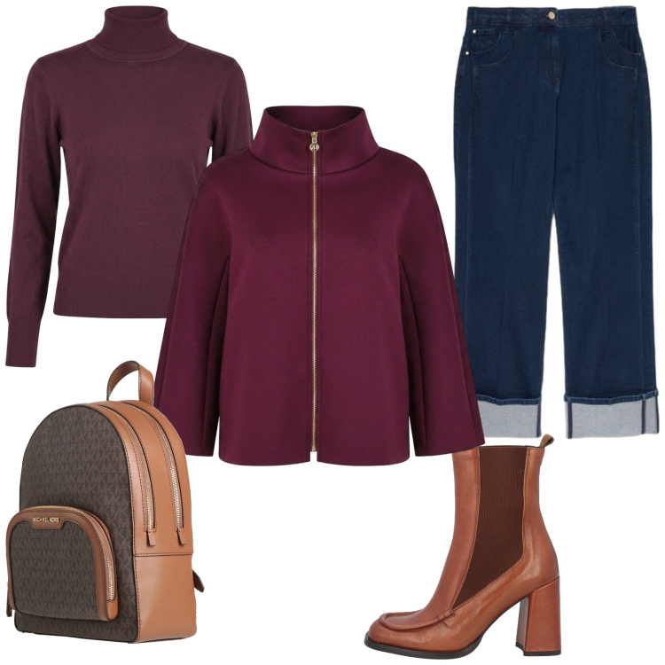 Outfit donna - Giacca bordeaux. Stile Minimal per Tutti i giorni. Abbinamento con jeans dritti, cappotti, pullovers, stivaletti chelsea, zaini.