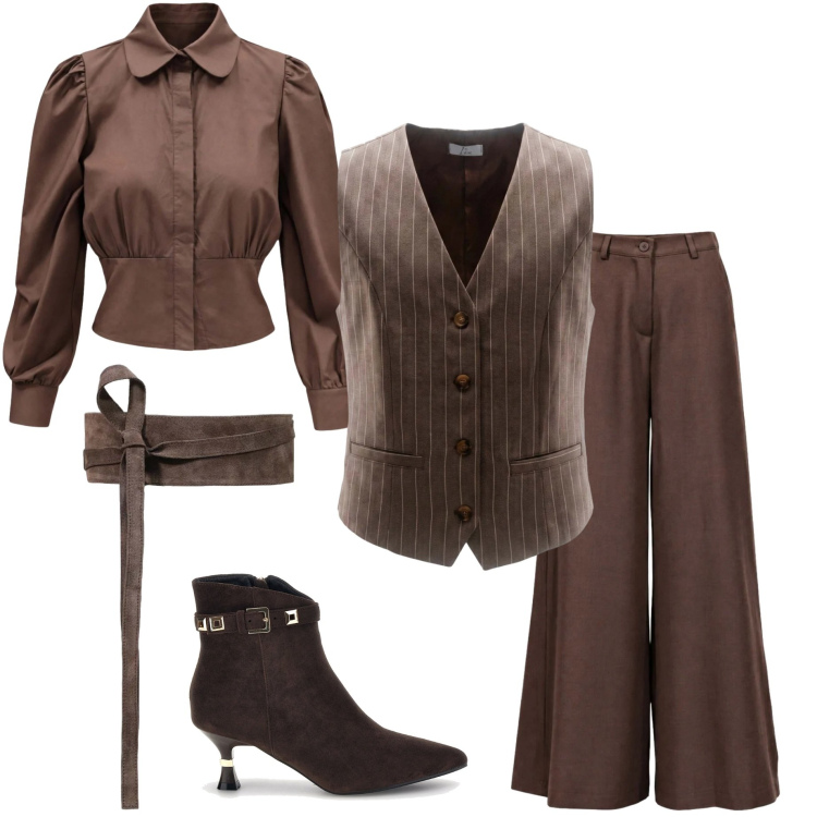 Outfit donna - Autunno con I AM. Stile Casual chic per Ufficio. Abbinamento con camicie, gilet, pantaloni a palazzo, cinture, stivaletti.